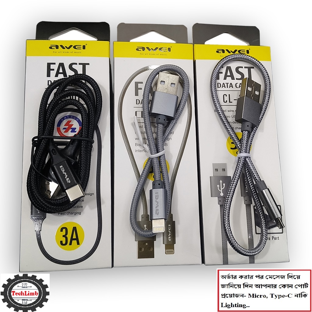 Mini Fast Charging Nylon Braided Micro, Type-C & Lightning Data Cable CL-85 30cm for Powerbank Use - TechLimb. 