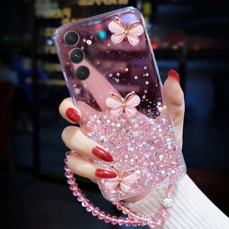 New Phone case For Samsung Galaxy M14 Shiny Ring Cases Glitter Soft Transparent Butterfly +Crystal Chain For Samsung M14 5G Phone cover