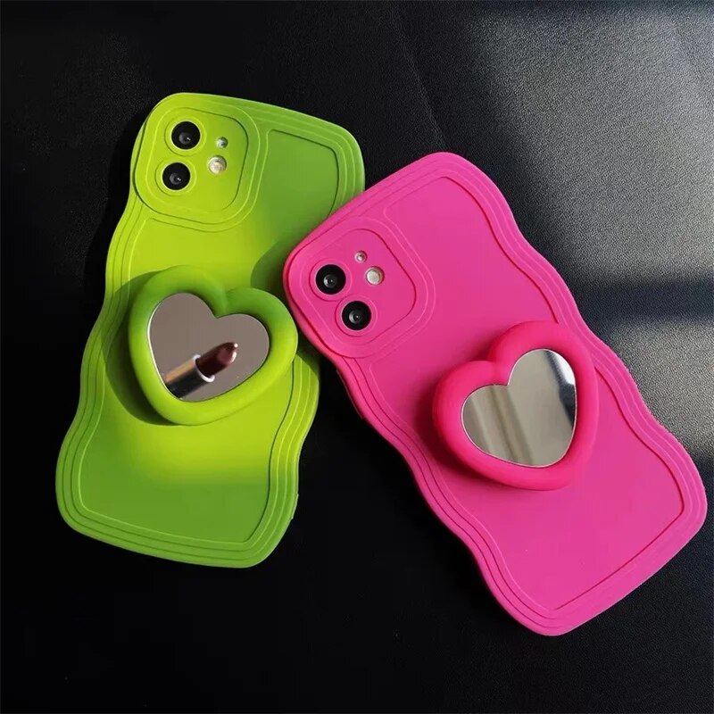 Heart Mirror Holder Wave Phone Case For Samsung Galaxy A04 A03 Core A02 A01 A04S A03S A02S A04E A21S A52S A30 A20 A10 Soft Cover. 