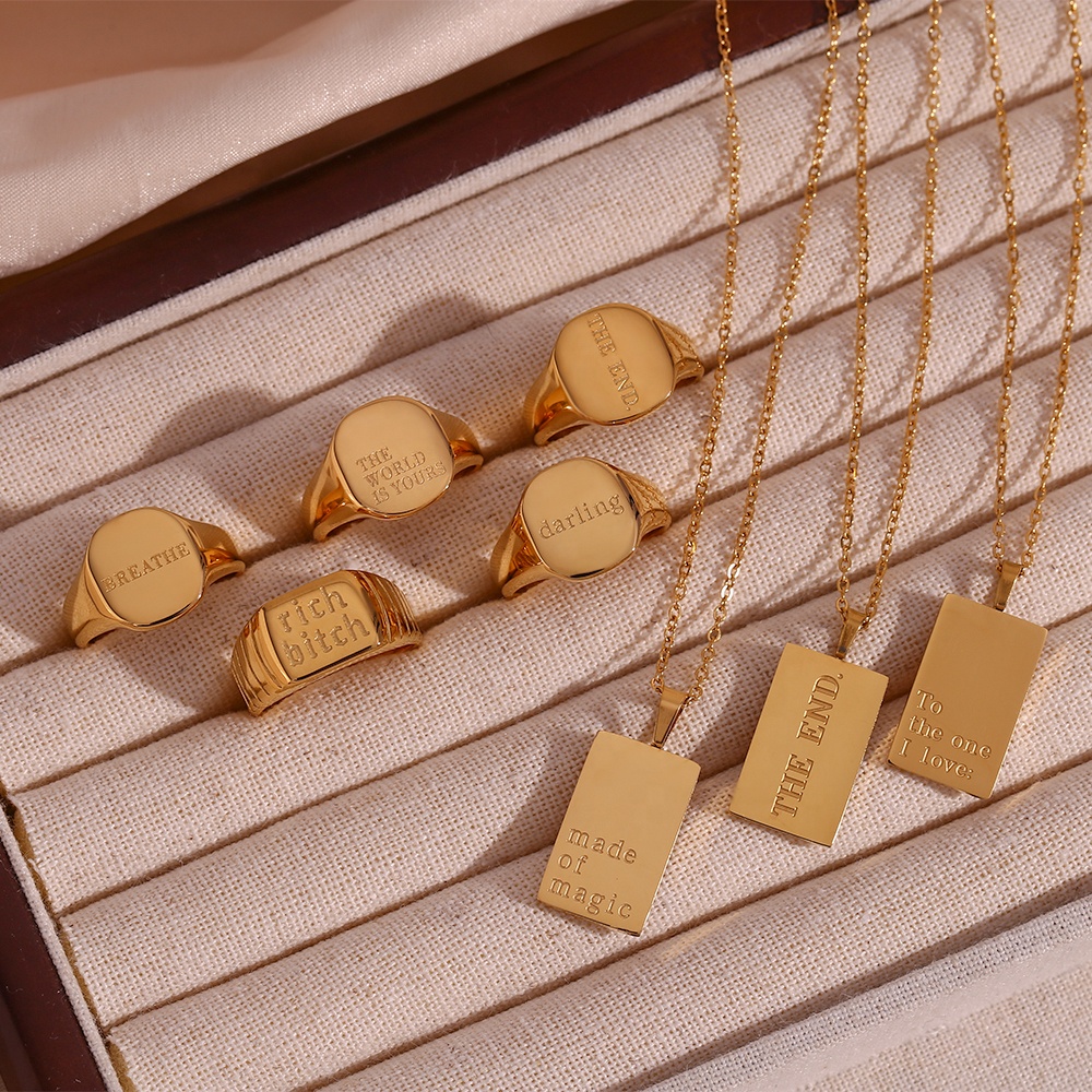 Fashion Jewelry Set Name Plate Necklace Custom Jewelry 18K Gold Plated Stainless Steel Necklace Ring Jewelry For Women. 