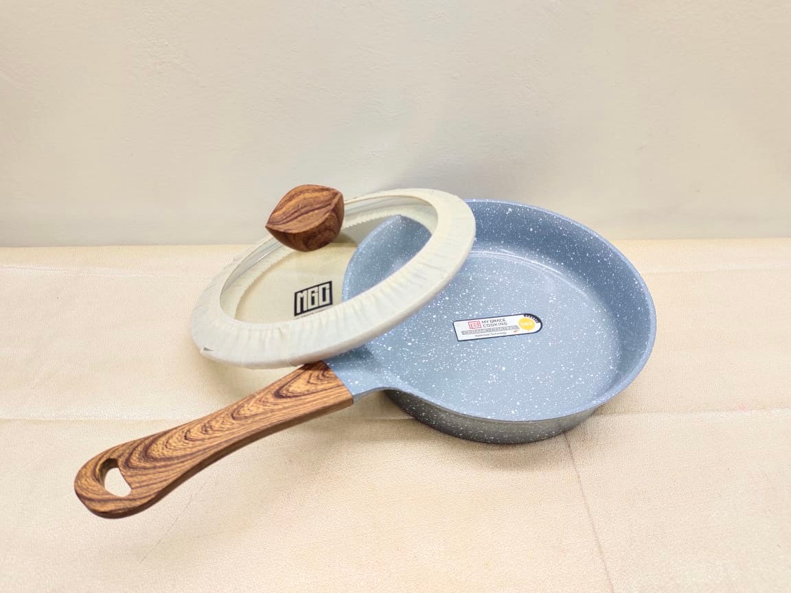 Mgc Marble Granite Non-Stick Anti Scratch Frying Pan 24Cm With Lid & Wood Handle. Deep Fry Pan With Glass Lid. C:P500. 