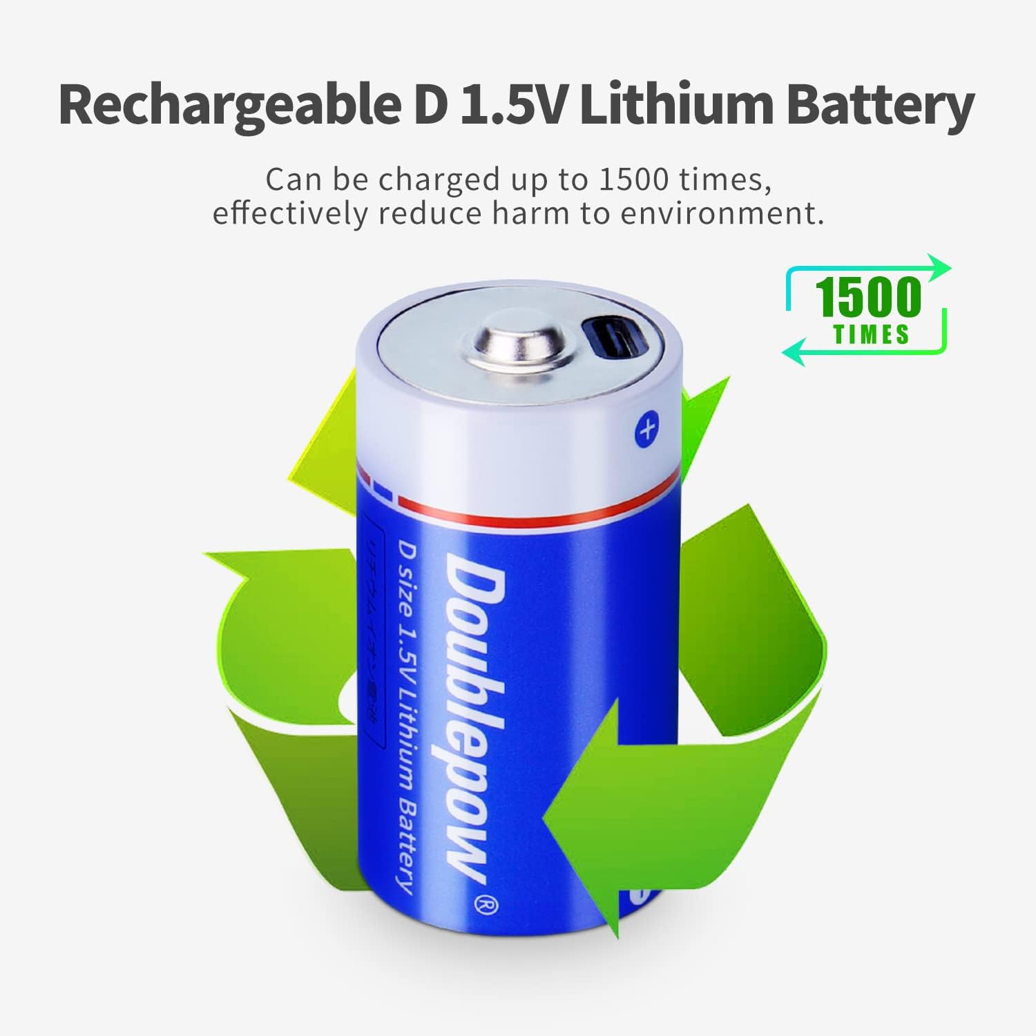 Doublepow Rechargeable 1.5V D/LR20/UM1 Size 7500mWh Lithium-ion Batteries with USB Type-C Port Direct Charging 1.5V D Li-ion Battery LR20 D Size Battery for Flashlight/Floodlight/Gas Stove - 2 Pieces. 