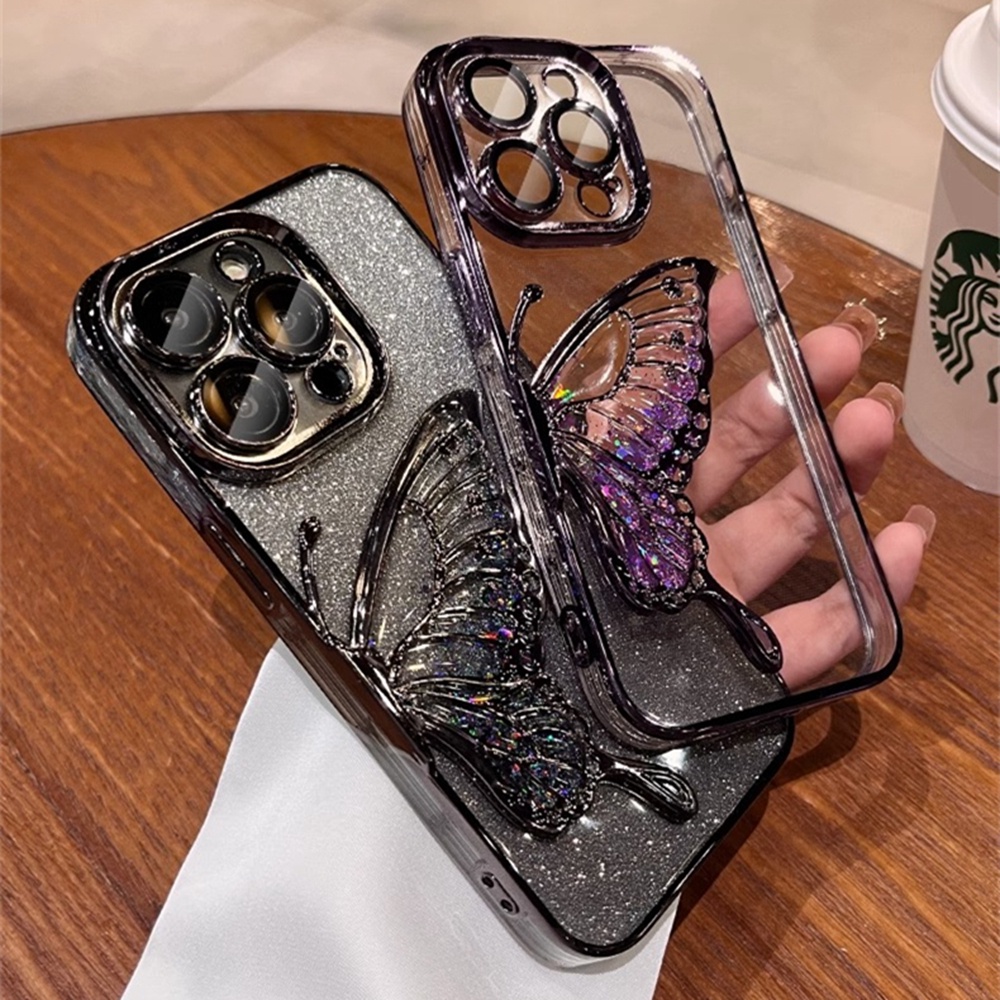 Gradient Glitter Butterfly Phone Case for IPhone 12 13 14 15 Pro Max Soft TPU Case with Camera Protector Shockproof Cover. 