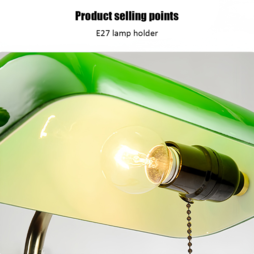 GC Vintage Desk Lamp Green Glass Antique Table Lights With Brass Base Wireless Rechargeable Pull Chain Traditional Library Lamp. 