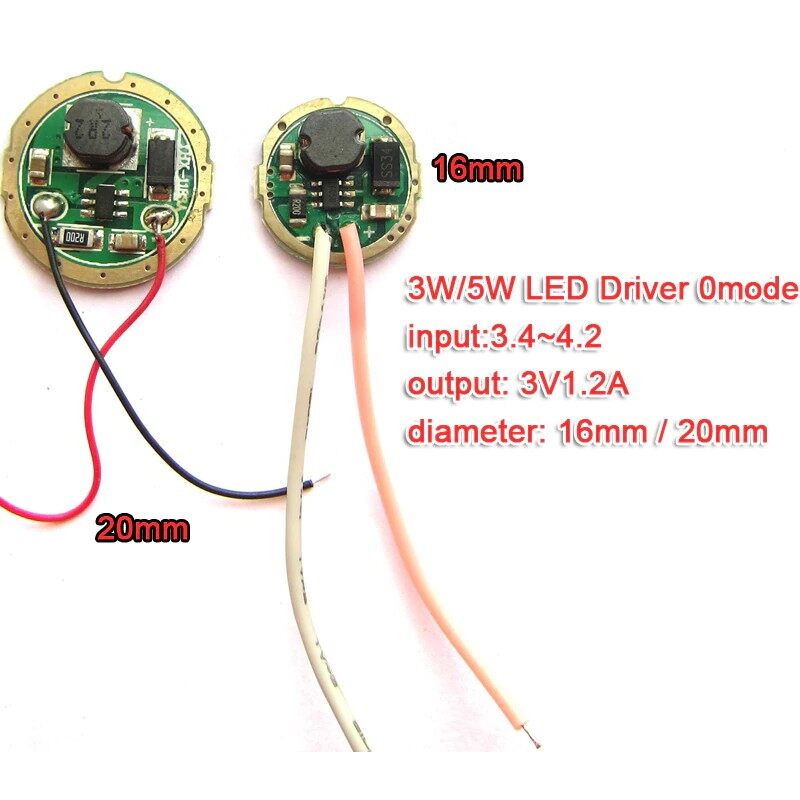 3W 5W LED Driver input 1.5v~4.2v output 3v 1.2A 20mm / 16mm For Cree 3W XPE R3 XRE Q5 / 5W XPG2 XTE R5 Flashlight. 