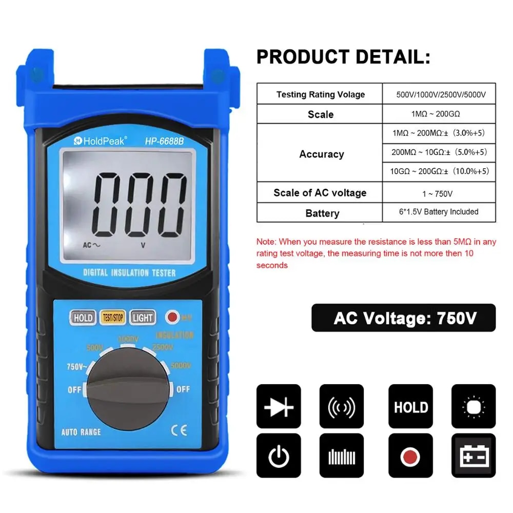 Hold-Peak HP-6688B 200MΩ Insulation Resistance Tester Megometer Digital Handheld Meter 5000V Auto Range Insulated Anti-Magnetic. 
