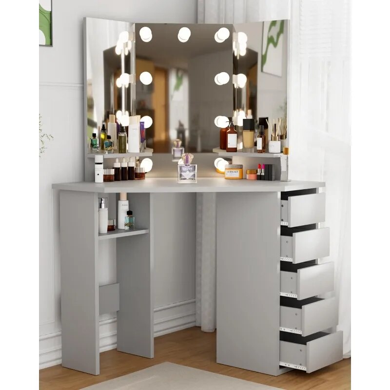 Corner Vanity Desk with Drawers and Mirror, Corner Makeup Vanity with Mirror and Lights, Small Bedroom Vanity Table Makeup Desk. 