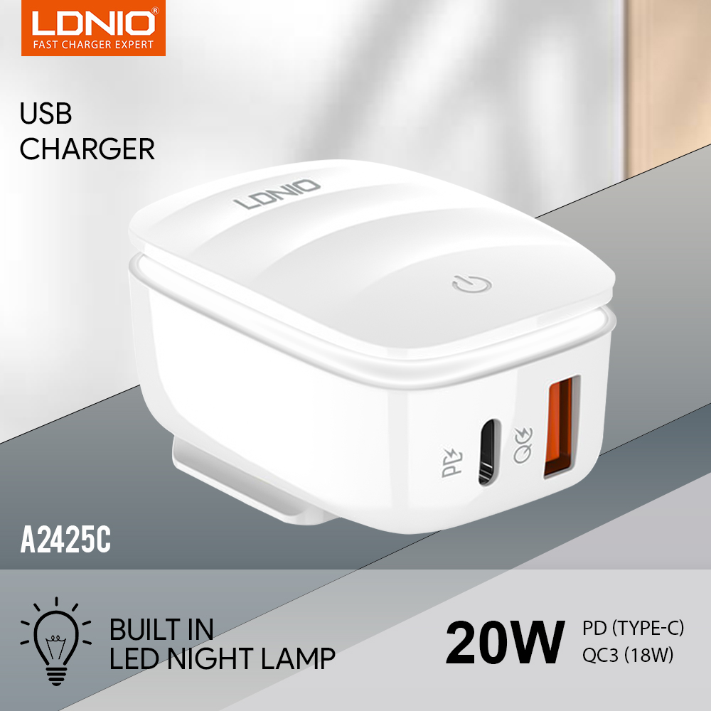 LDNIO A2425C USB C Wall Charger with Night Light LDNIO Dual Port Charger Block PD 20W Wall Plug & QC 18W Fast Charger Compatible with lPhone 13 Pro Max 12 Pro Max iPad Samsung Galaxy Smart Phone Kindle Tablet Earbuds. 