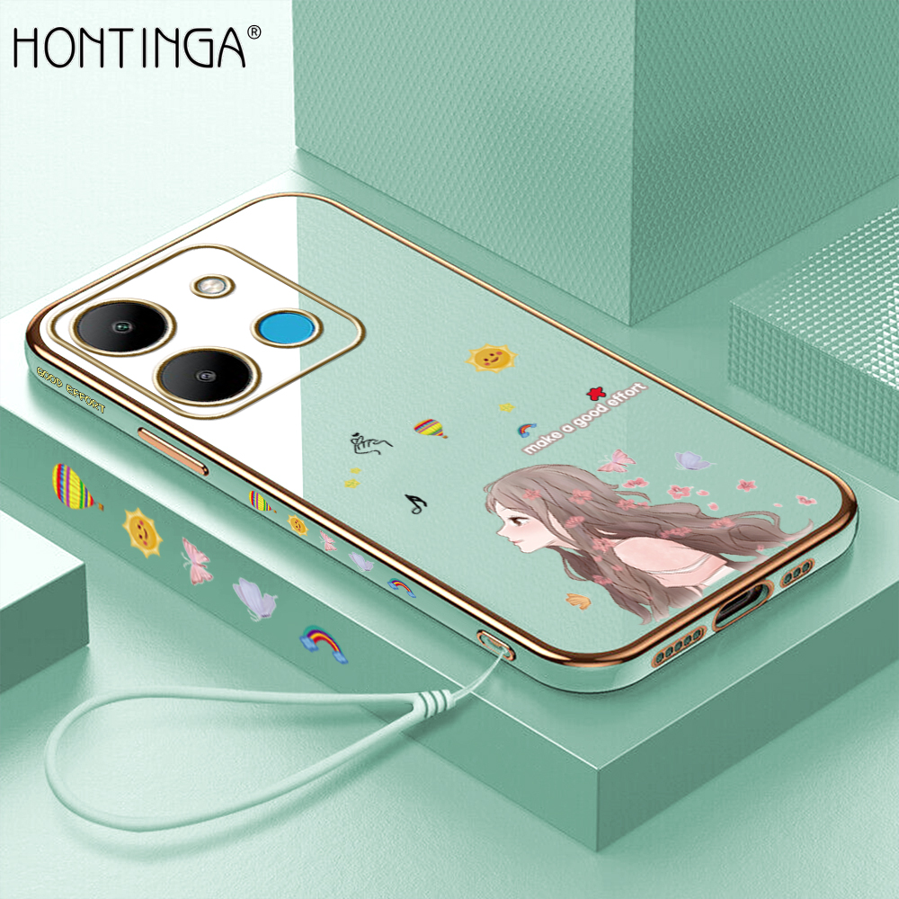Hontinga for Infinix Smart 7 Back Cover(Free Lanyard)Luxury 6D Plating Sunshine Girl Side Pattern Case Soft Silicone Square Mobile Cover
