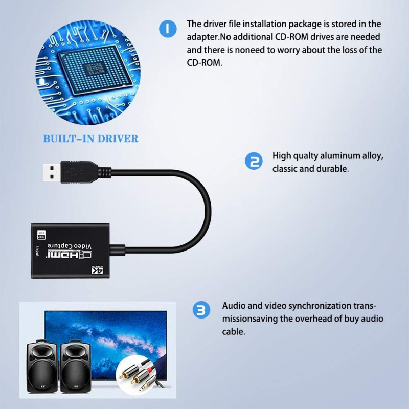 【Ready stock】HDMI Video Audio Capture Card 4K HDMI to USB 3.0 HDMI Capture Device for High Definition Acquisition HDMI Camera Video. 