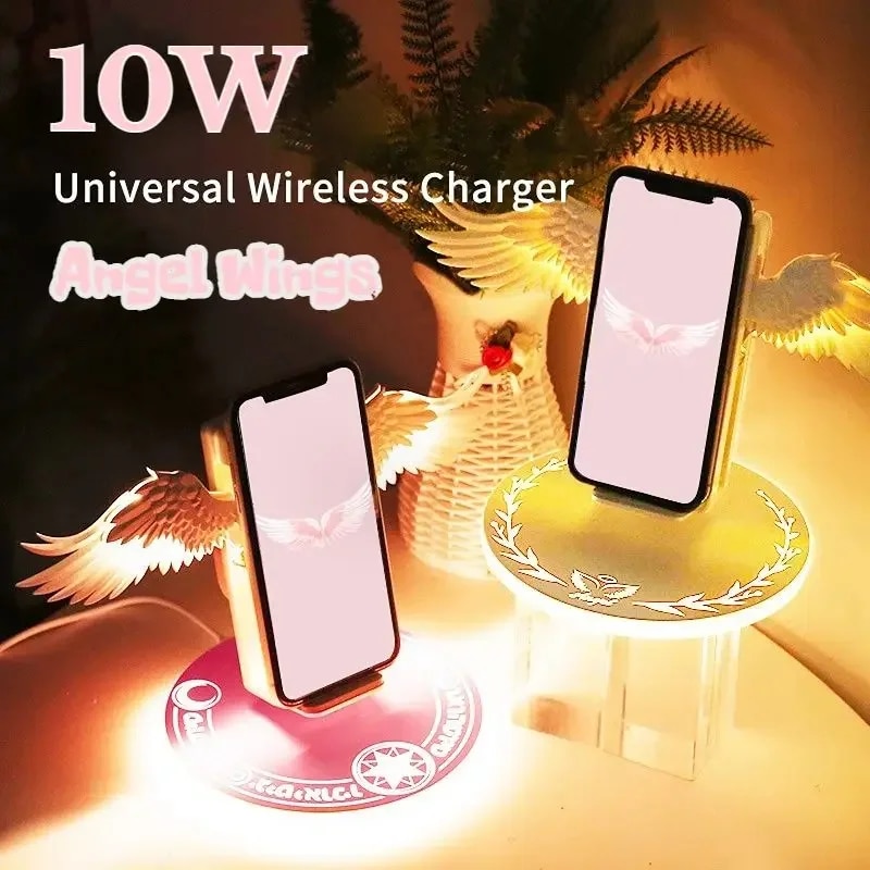 Wireless Charger Creative Angel Wings QI 10W Phone Fast Charge Movable Wing Shape with Breathing Light and Music Function Gift. 