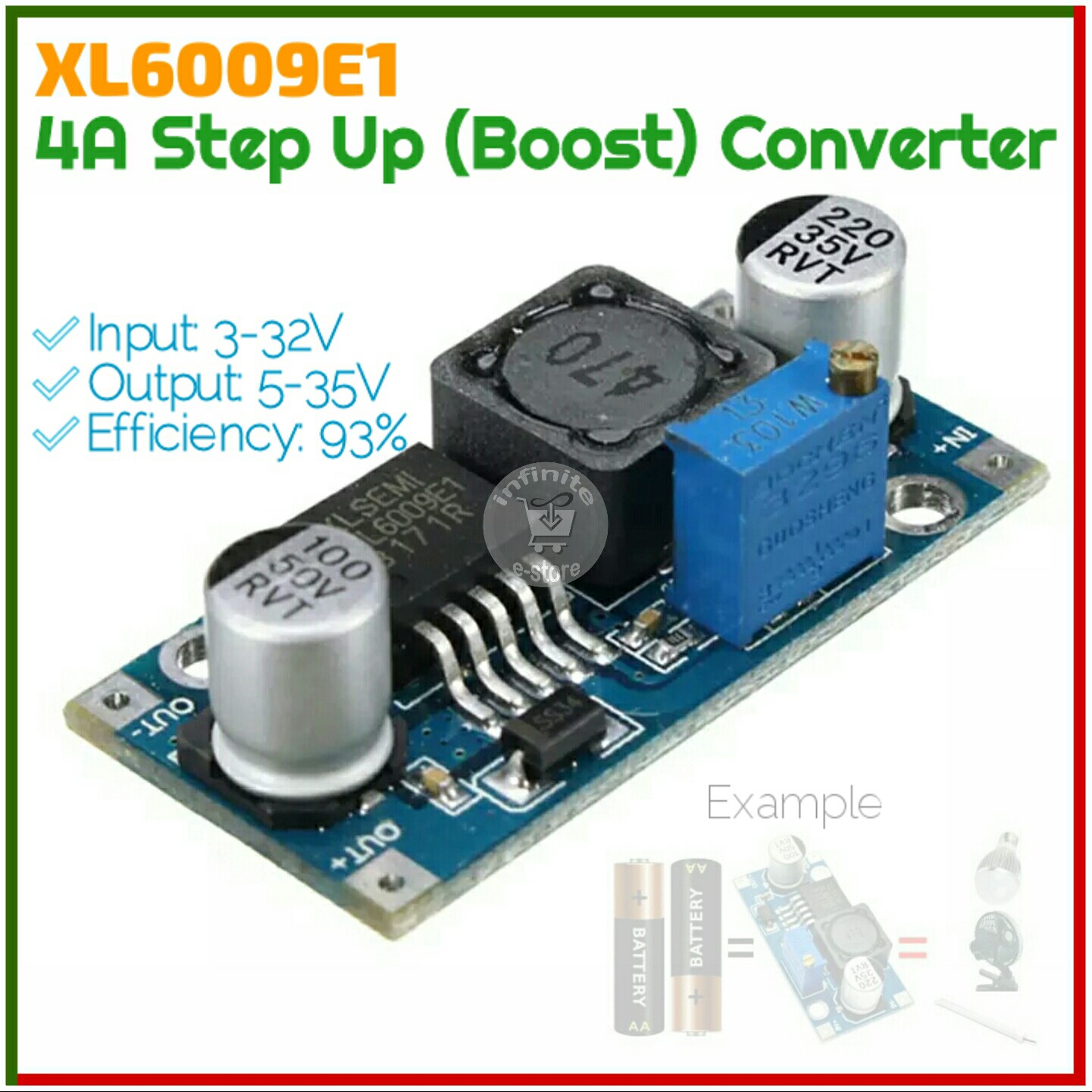 XL6009 Adjustable Step Up Converter Boost Converter for making Mini USP backup Onu Router from 5V to 12V 4A max Replace XL4015 LM2596. 