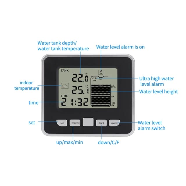 Ultrasonic Wireless Water Tank Liquid Depth Level Meter Sensor LED Display Black & White TS-FT002. 