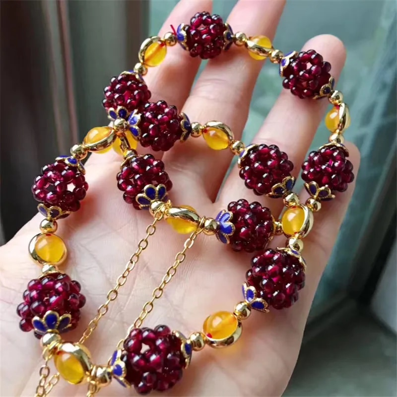 【beauty code store】Natural Garnet Bracelet Multi Circle Pomegranate Bracelet Garnet Grape Ball for. 