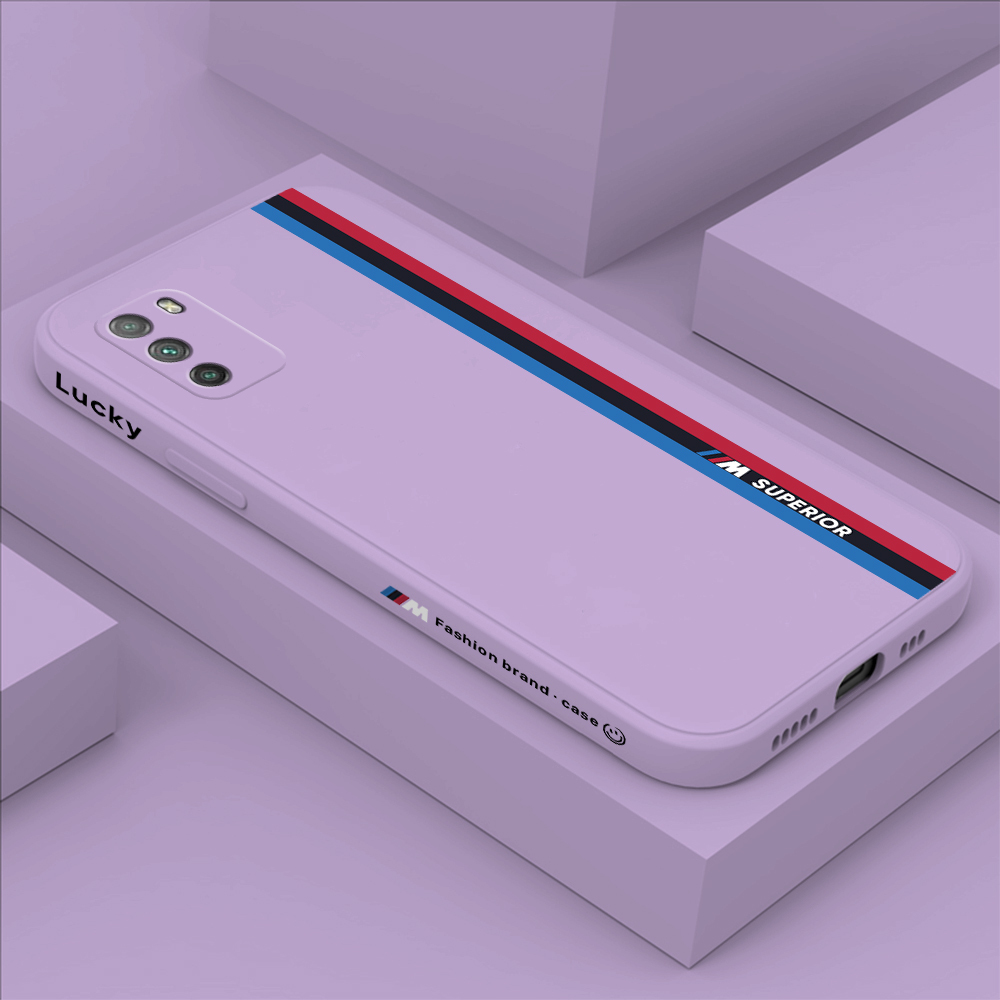 Xiaomi Poco M3 Fashion Racing Car Logo M Side Design Phone Case Square Edge Pattern Liquid Silicone Casing Full Cover Camera Case. 