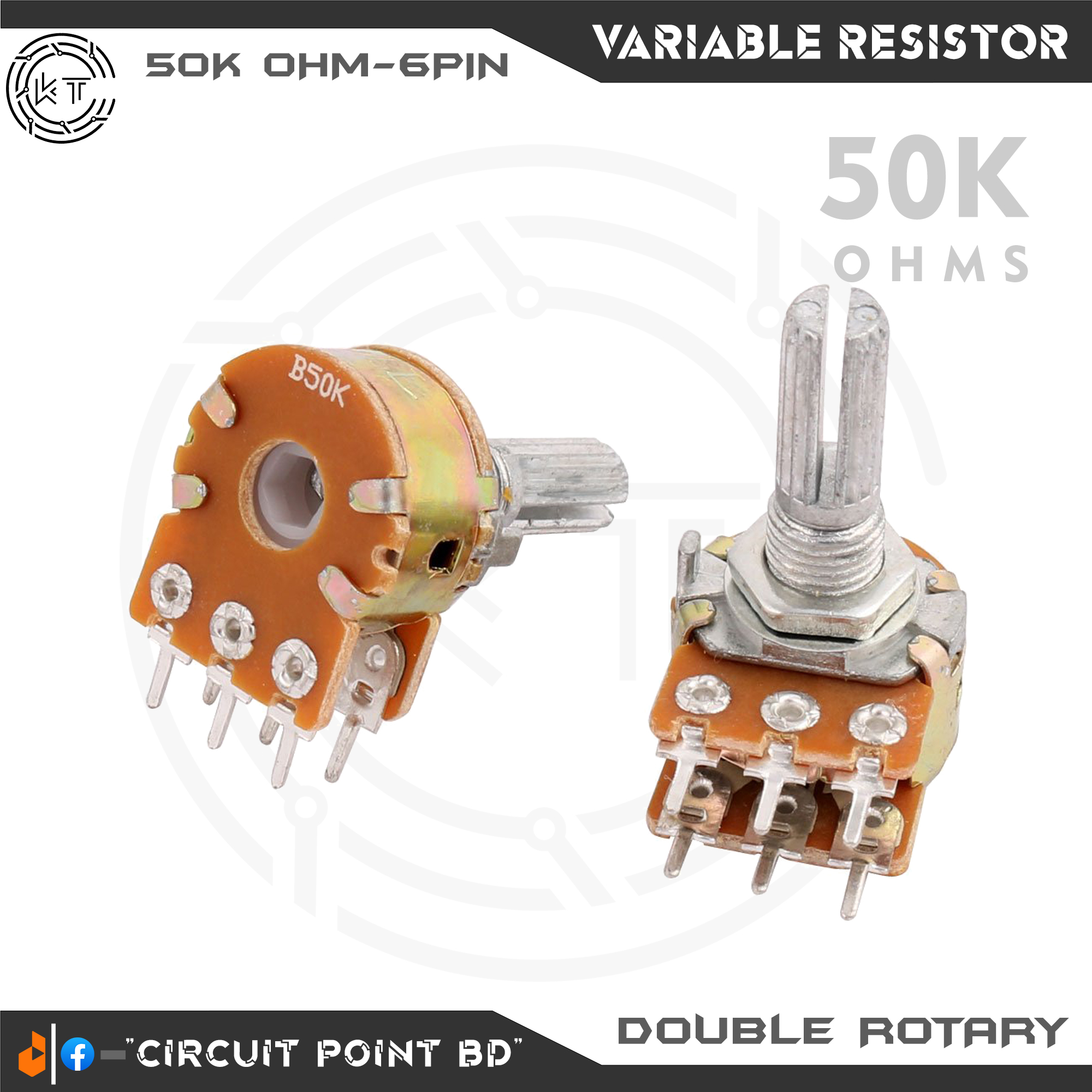 50K Ohm 2Pcs Pack Double Layer Variable Resistor / Potentiometer 6 Pin Dual Gang Linear Taper, Rotary, Adjustable Variable Resistor / Potentiometer For Electric & Electronics.