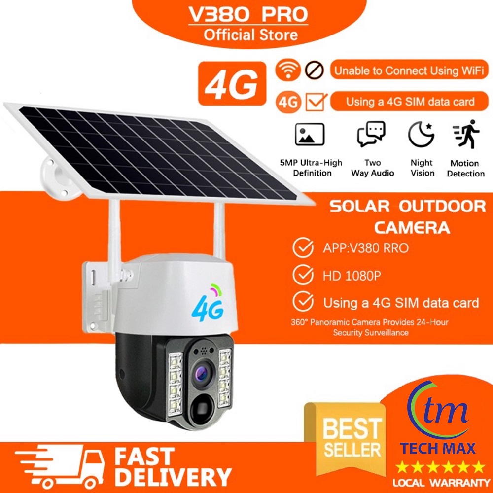 V380 PRO 4G Sim-Supported Solar Battery Backup PTZ IP Camera Wireless CCTV Security Camera, Waterproof, Two-Way Audio, Motion Detection