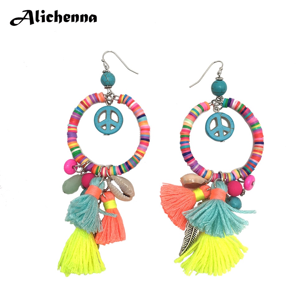 【beauty code store】Polymer Clay Beads Charms Earrings Peace Symbol Statement Boho Dangle Earrings with Tassel Colorful Summer Style