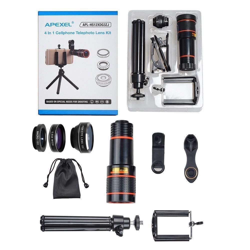 APEXEL APL - HS12XDG3ZJ Cell Phone Camera Lens Kit 4 in 1 12X Telephoto Lens with Tripod Wide Angle Macro Fisheye - Black. 