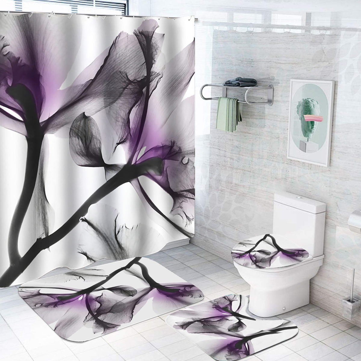 Toilet Rug+Lid Toilet Cover+Bath Mat 4Pcs//Set Peacock Bathroom Shower Curtain