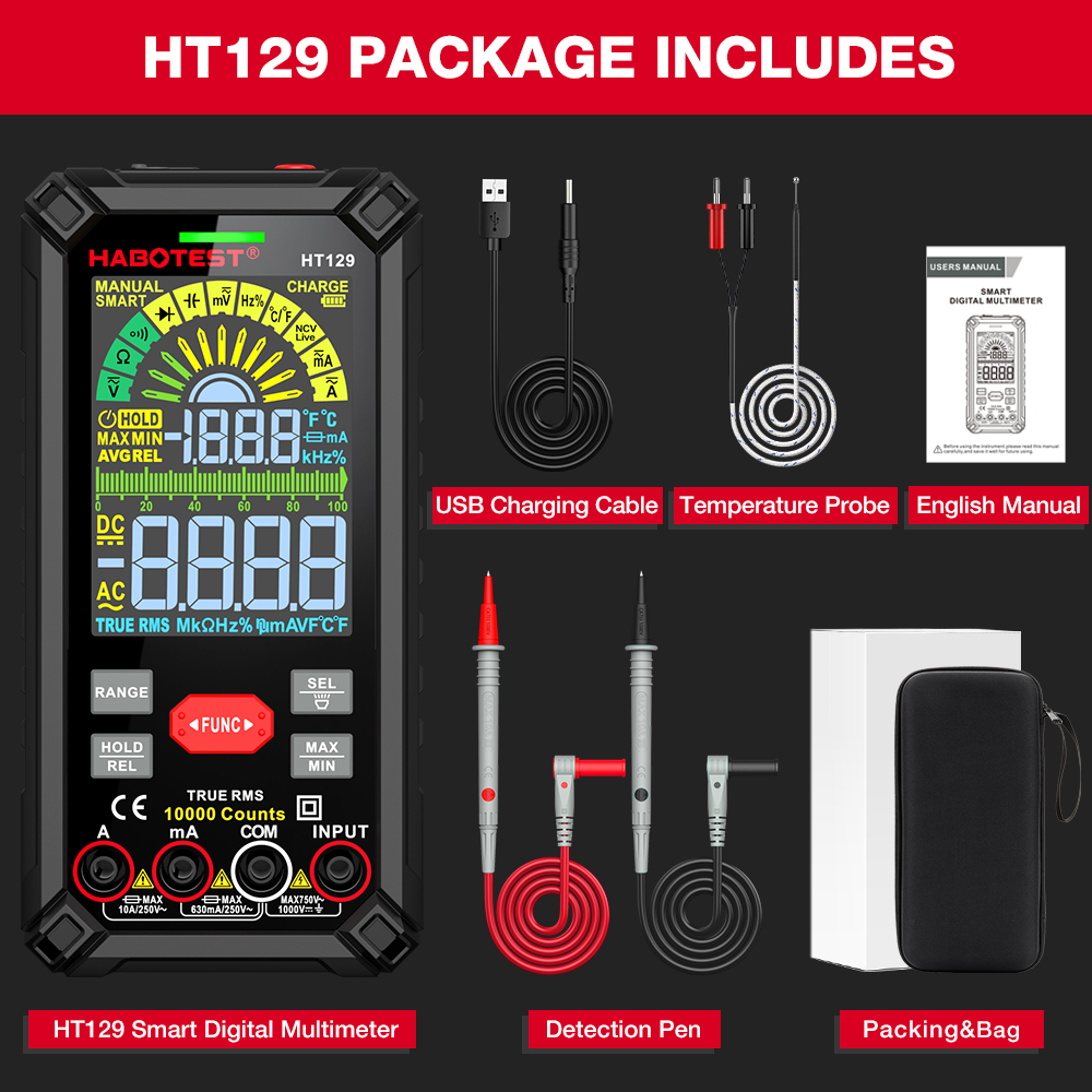 HABOTEST HT129 10000 Counts Digital Multimeter Smart Anti-burn DC AC Voltage Current True RMS Voltmeter Rechargeable Multitester. 