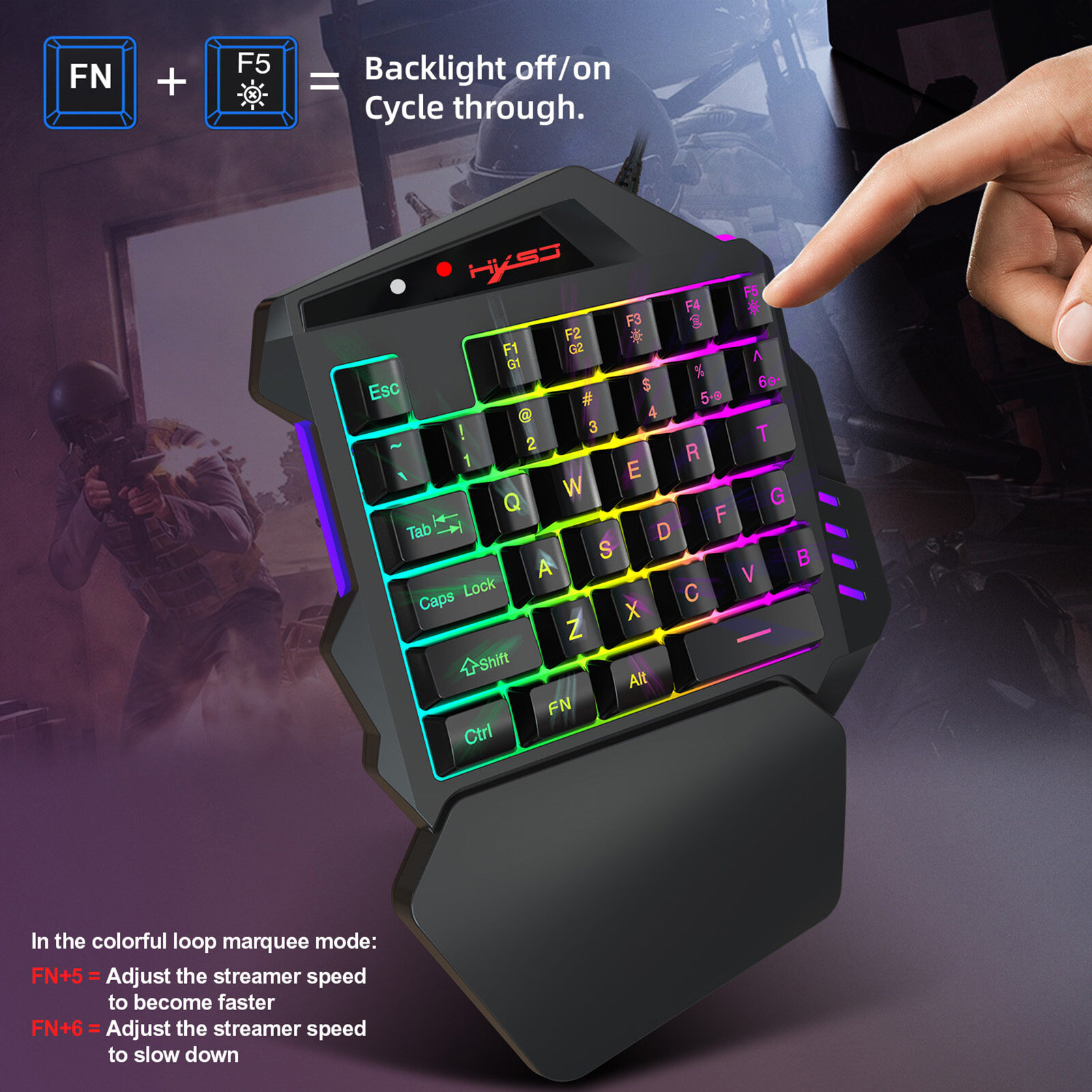 HXSJ V500 Streaming Ribbon Converter One-handed Keyboard with USB Converter Interface Flow Color Light Keyboard for PBUG Black. 