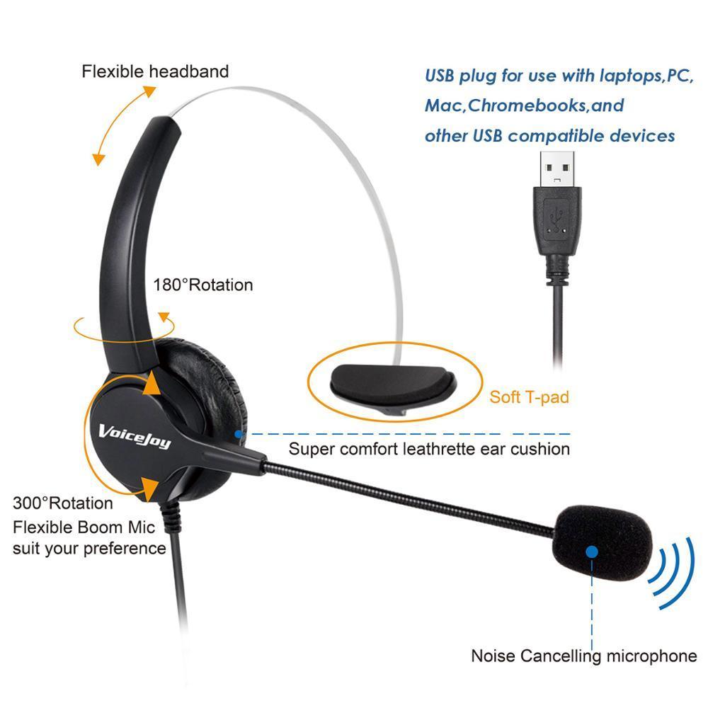 Call Center Noise Cancelling Corded Monaural Headset with Mic Microphone with USB Plug, Volume Control and Mute Switch. 