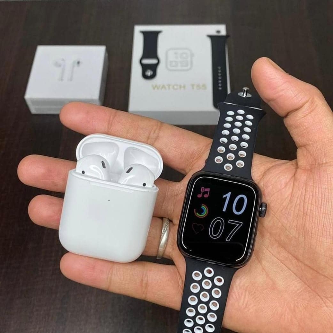 T55 Pro Max Smartwatch With Dual Strap And Airpot Combo - Smart Watch. 