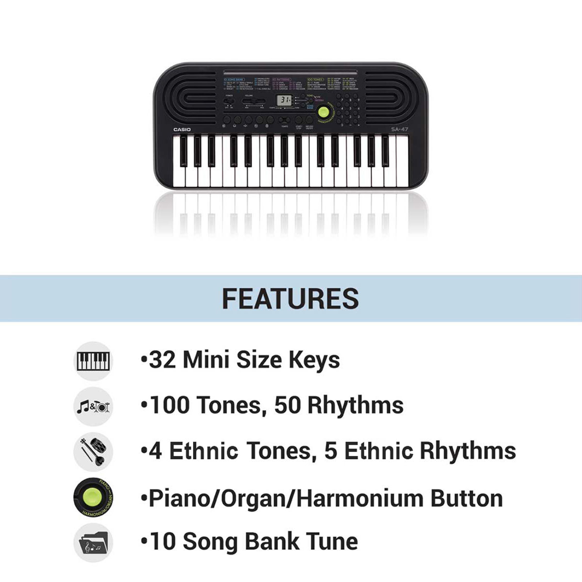 Casio SA-47 Portable Musical Keyboard Piano - Black & Grey with Adapter. 
