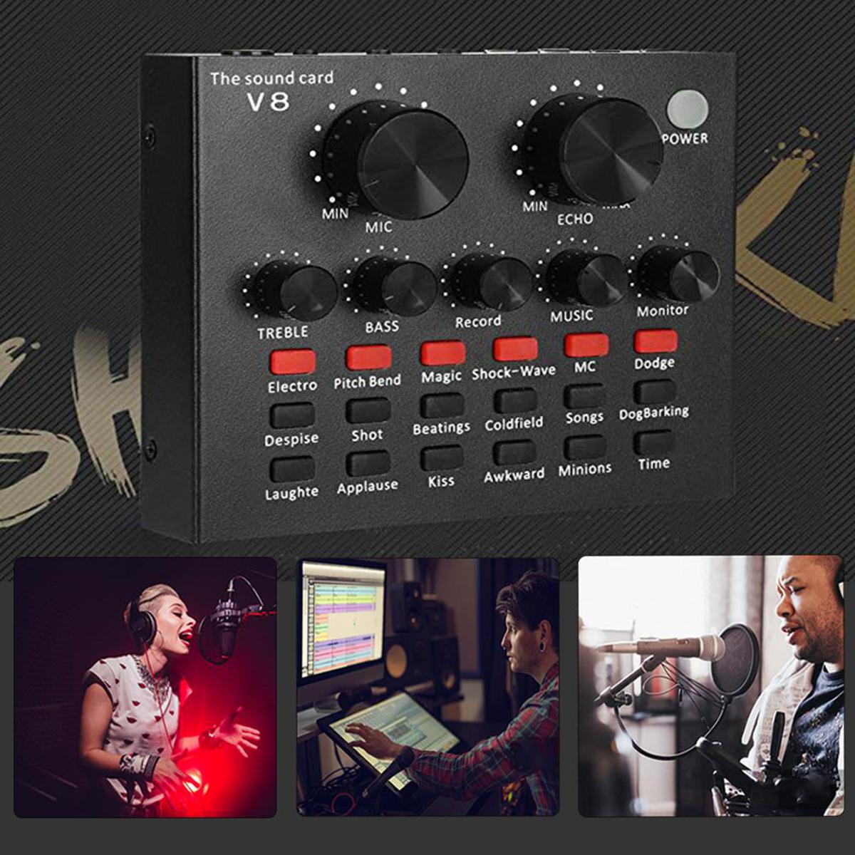 V8 Audio Mixer External USB Sound Cards for Mobile phone /PC - Record ,Karaoke , Live Streaming With 12 Sound Effects 3 Tones With Audio Interfaces. 