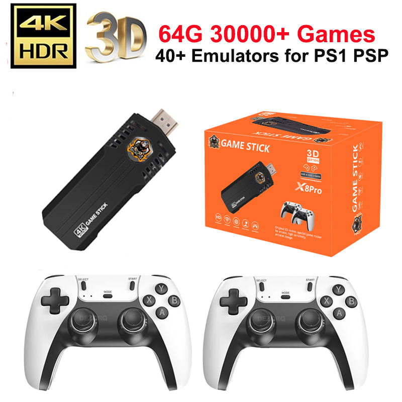 X8 Pro TV Game Console Gamestick 4K 30000 Games Emuelec System 40+ Emulator for PSP N64 Video Game Consola Wireless Gamepads