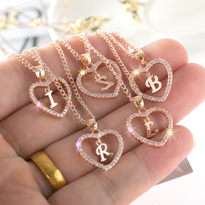 Womens Jewelry Name Initials Heart Pendant Necklace 26 Letters