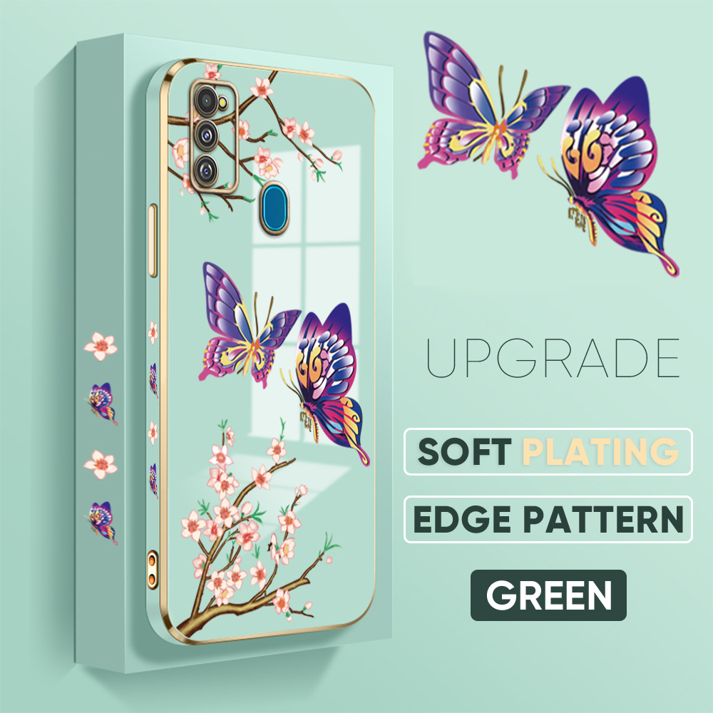 Jizetin (Free Lanyard) for Samsung Galaxy M30S M21 Back Cover Peach Blossom and Butterfly Luxury 6D Plating Case Side Pattern Soft Silicone Square Mobile Phone Cases