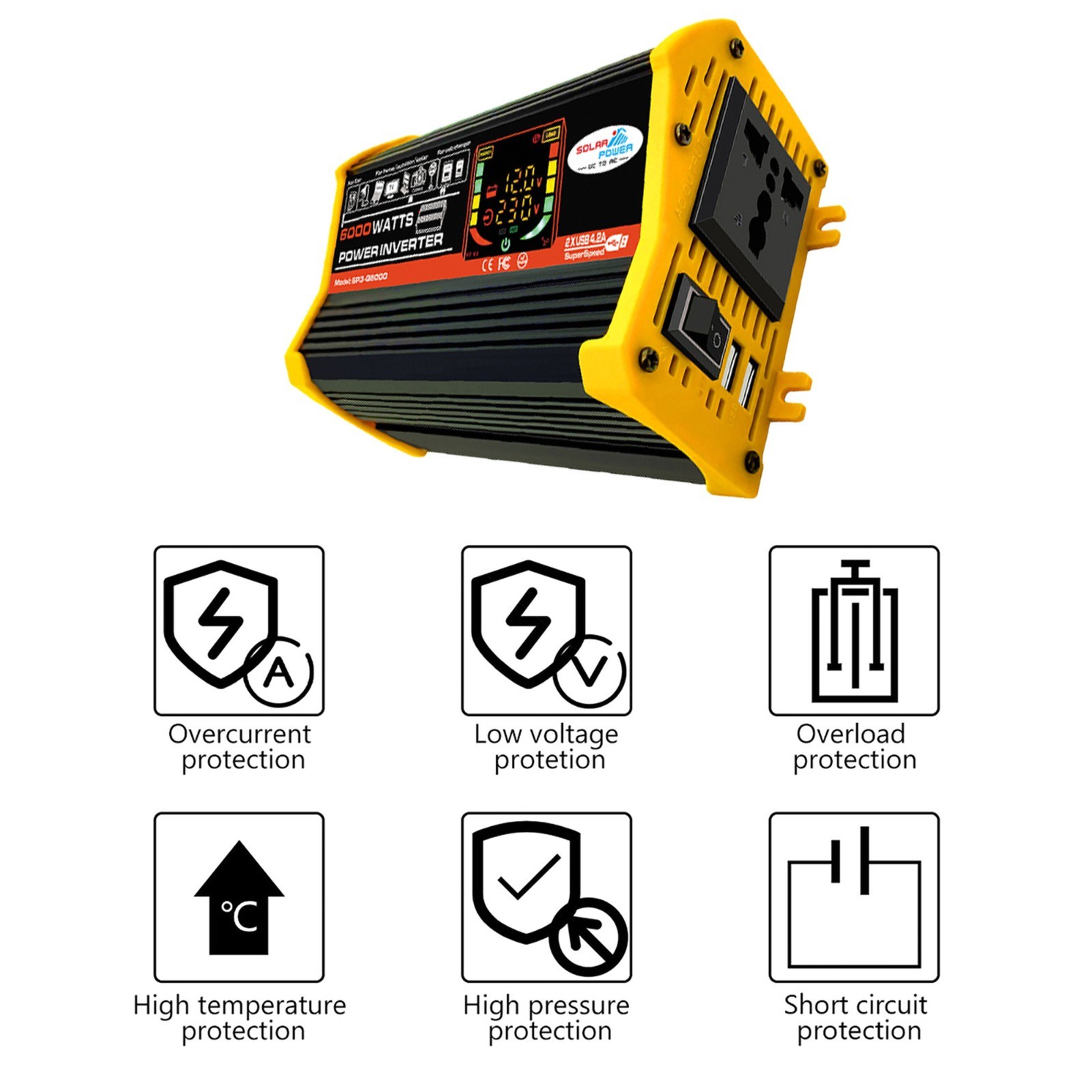 High frequency 6000W inverter 12V to 220V dual USB - black-220v. 