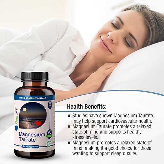 Truemed Organic Magnesium Taurate 1500mg – High Absorption Supplement for Heart, Stress, Sleep & Nerve Support – 90 Veg Capsules – Made in USA. 