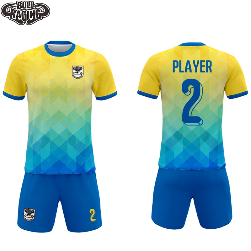 Blue Yellow Triangle Design Sublimation Printing Custom Personal Team Soccer Football Jersey Uniforms. 
