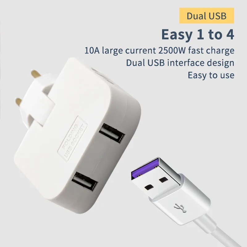 USB Multi Plug Converter 4 in 1 Adapter Travel Mutli Socket (2 USB 2 Power Socket) 2500W High Power EU Bangladesh Standard 180° Rotating Coverter Socket AC Adapter. 