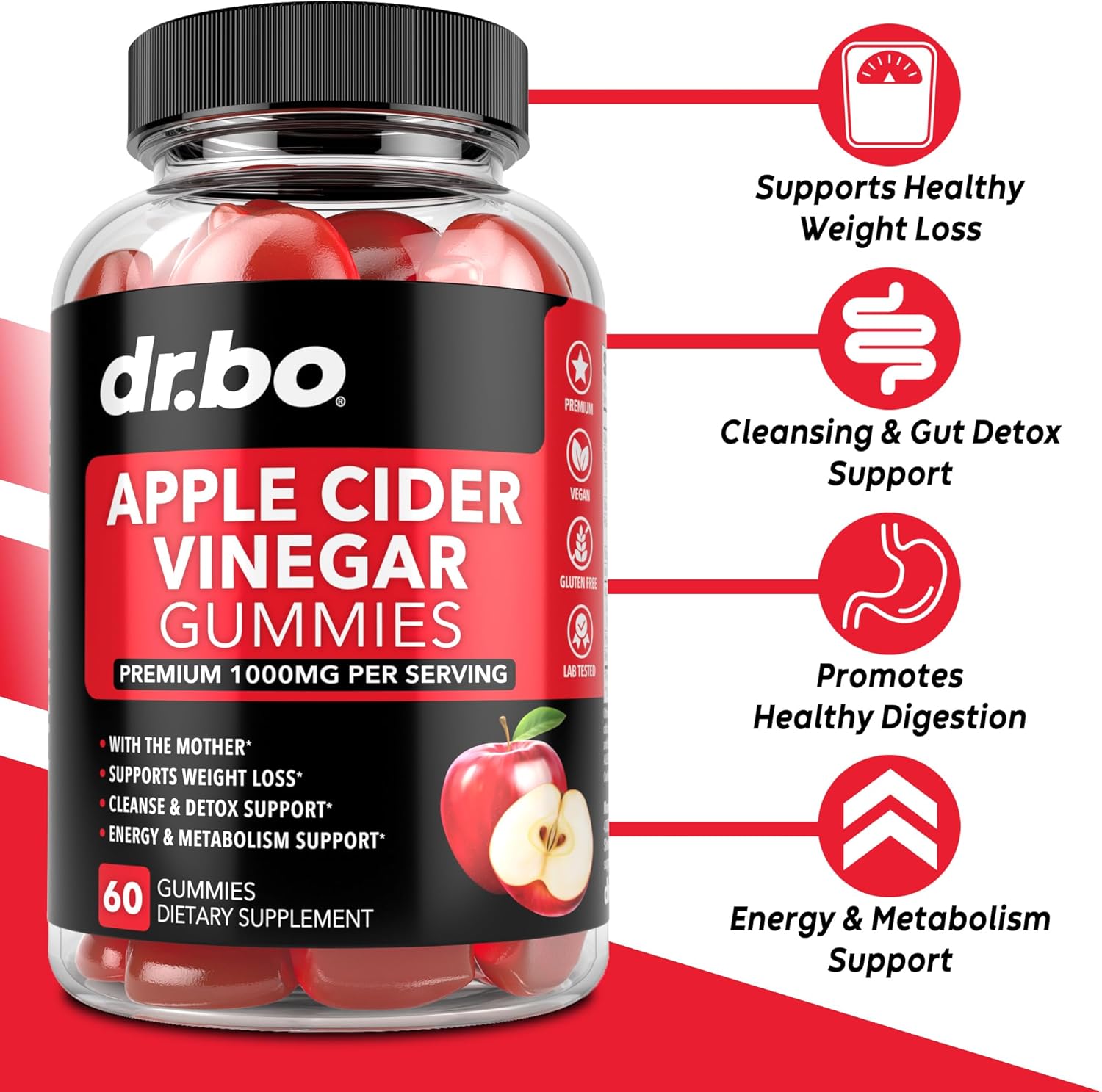 Dr Bo Apple Cider Vinegar Gummies - Natural Support for Advanced Weight Loss Detox Cleansing Digestion Plus Gut Health - ACV Gummies Supplements with 1000MG Apple Cider Vinegar Gummy with The Mother. 