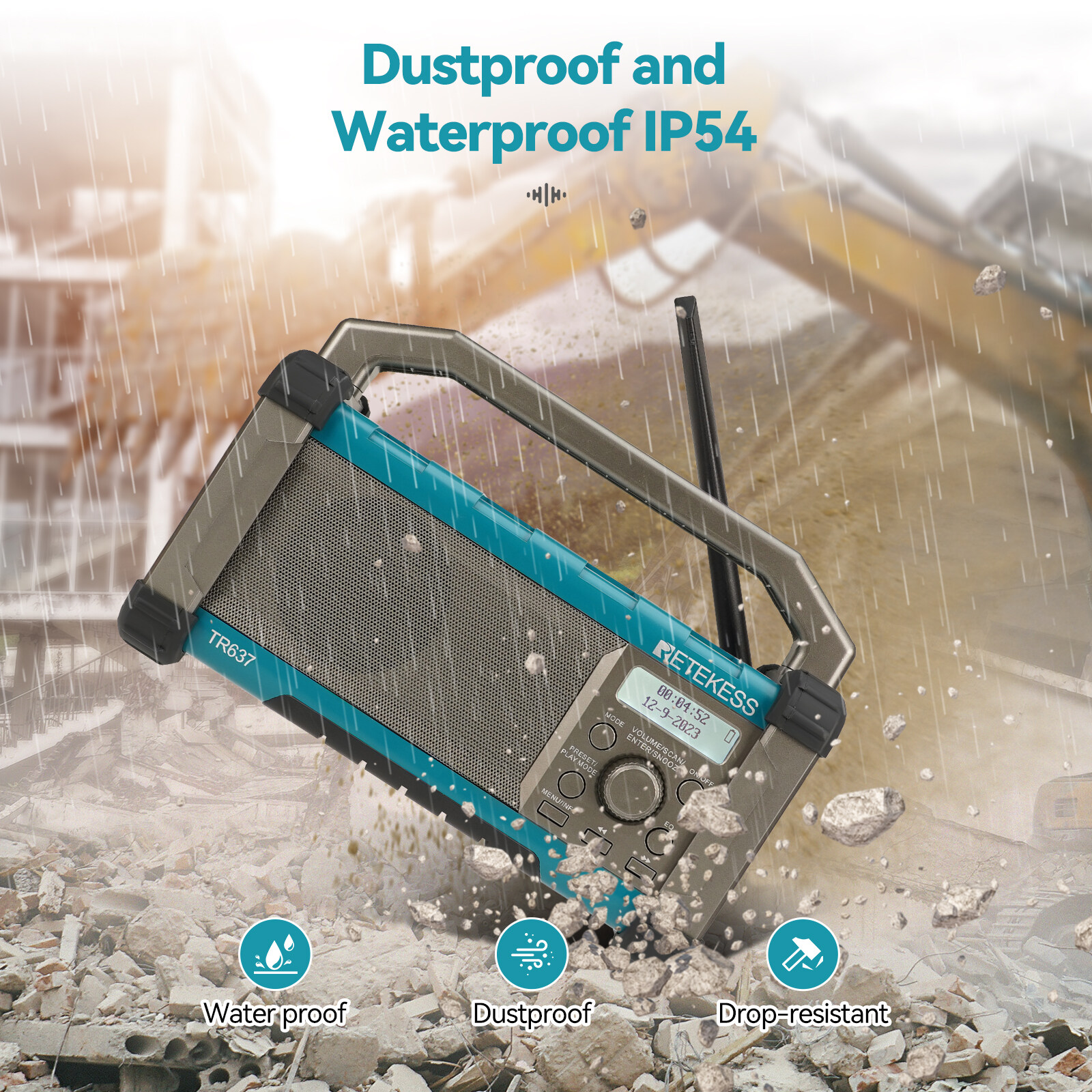 RETEKESS TR637 Jobsite Radio with Bluetooth 5.0 Rechargeable Portable AM/FM Radio with High-power loudspeaker Drop-proof and Dustproof Suitable for Construction or Outdoor Environment. 