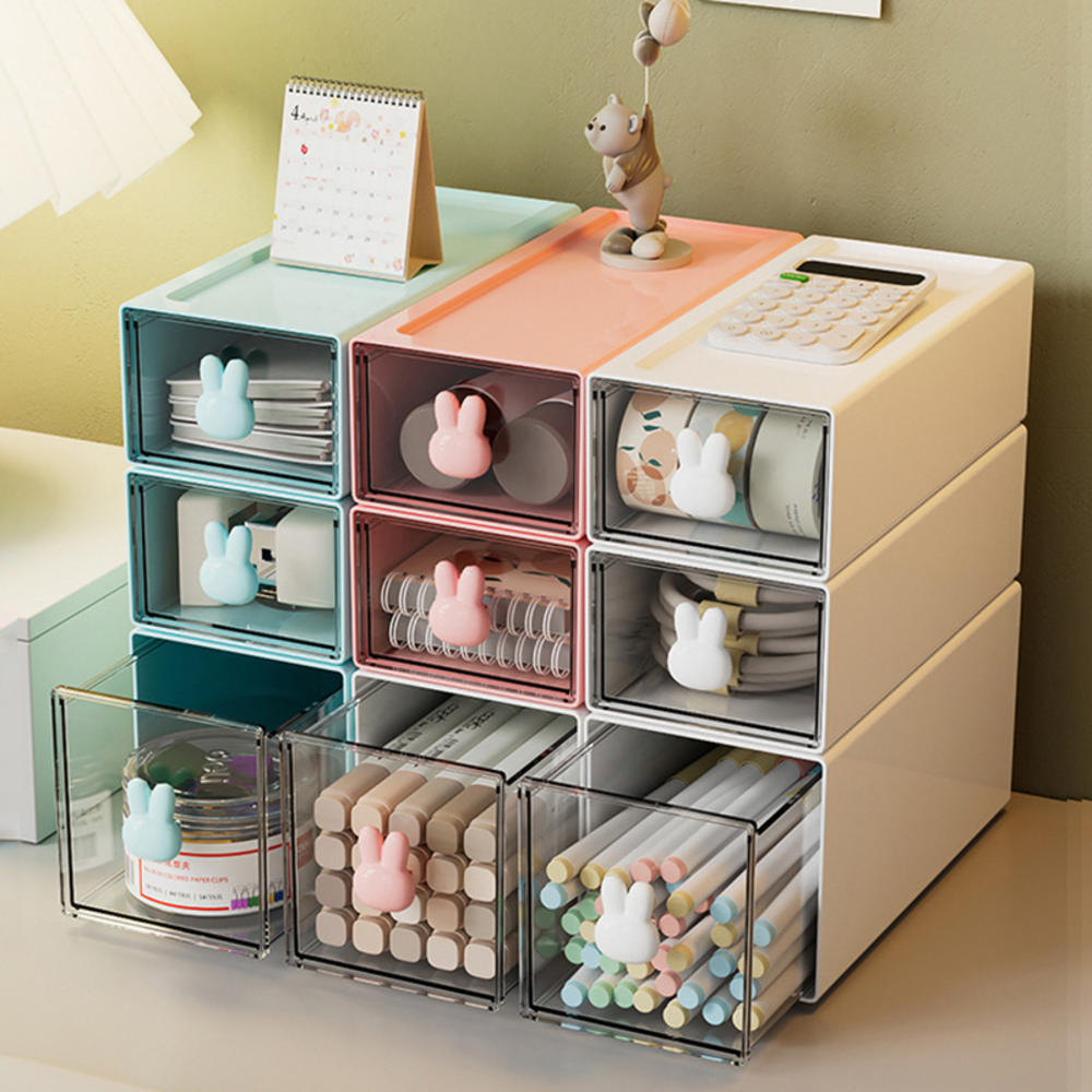 Cute Rabbit Storage Box Office Desktop Drawer Storage Box Student Transparent Stationery And Sundry Shelf - Vintage Choice. 
