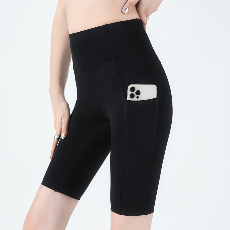 Zilu side pocket shark pants women's high-waisted belly pants stretch thin leggings five-point pants thickened hands