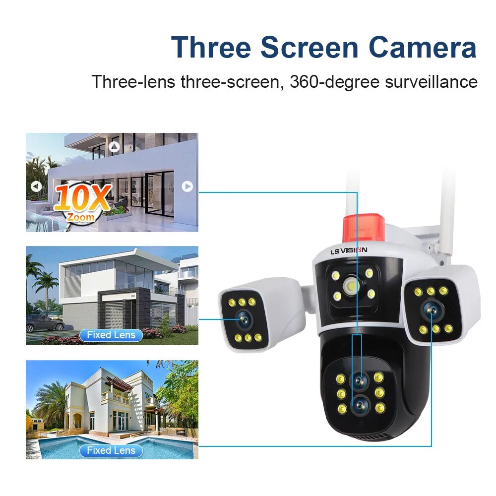 LS VISION 8K 10X Zoom WiFi IP Camera Outdoor Three screen 360° View PTZ Cam AI Tracking CCTV Video Surveillance Security Cameras. 