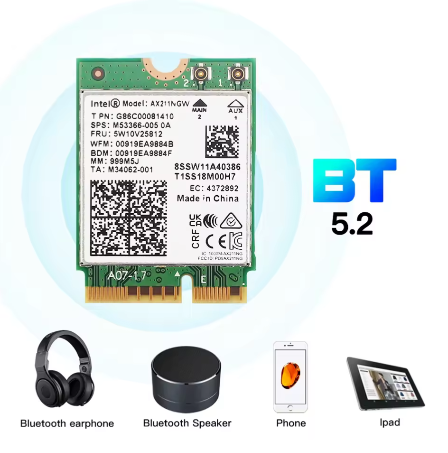 WiFi 6E AX211NGW Tri Band 2.4G/5G/6Ghz Wireless Network Wifi Card Adapter For Bluetooth 5.2 Intel AX211 M.2 KeyE CNVio Windows11. 