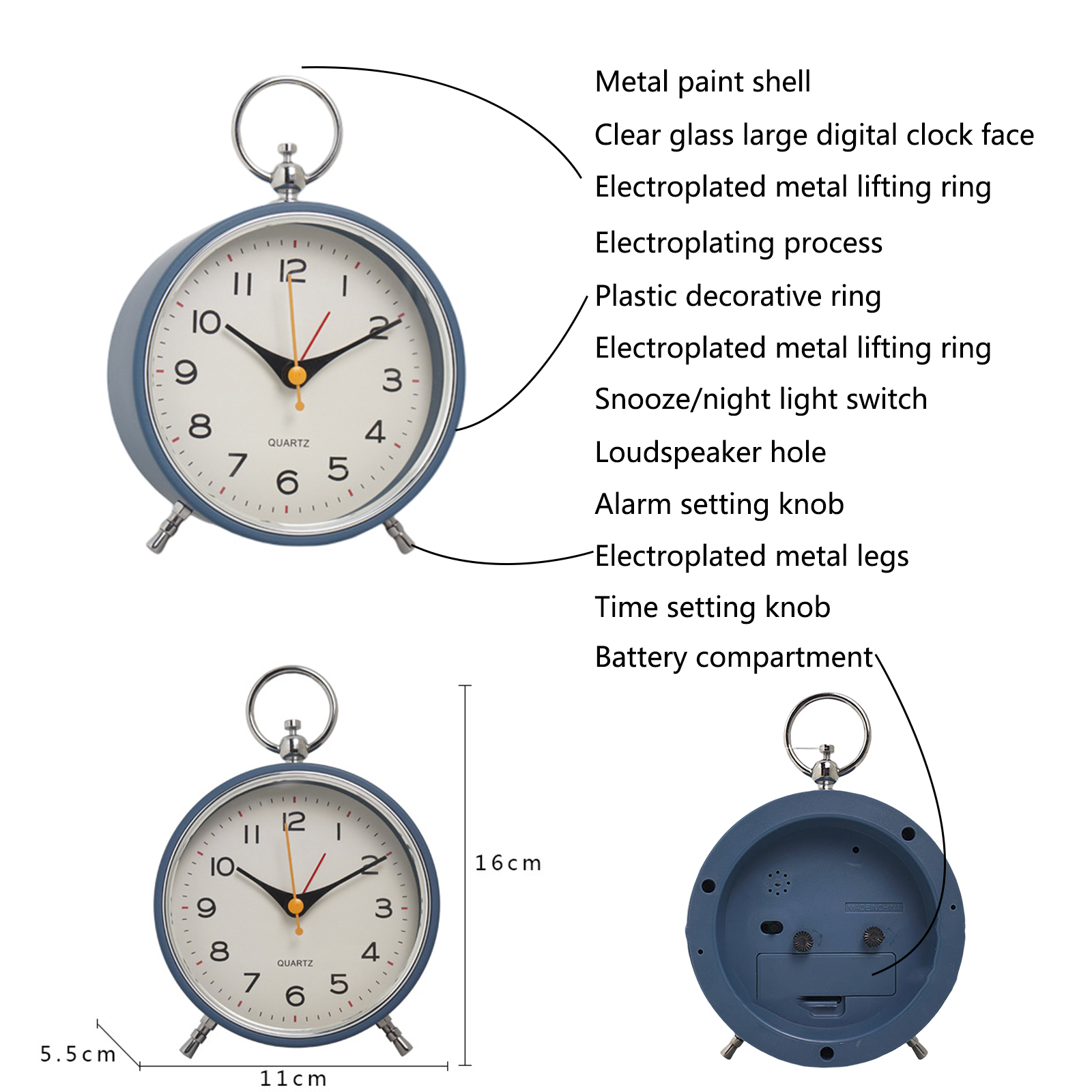 GC Student Snooze Alarm Clock Silent Non-ticking Battery Operated Bedside Table Alarm Clock With Metal Rings. 