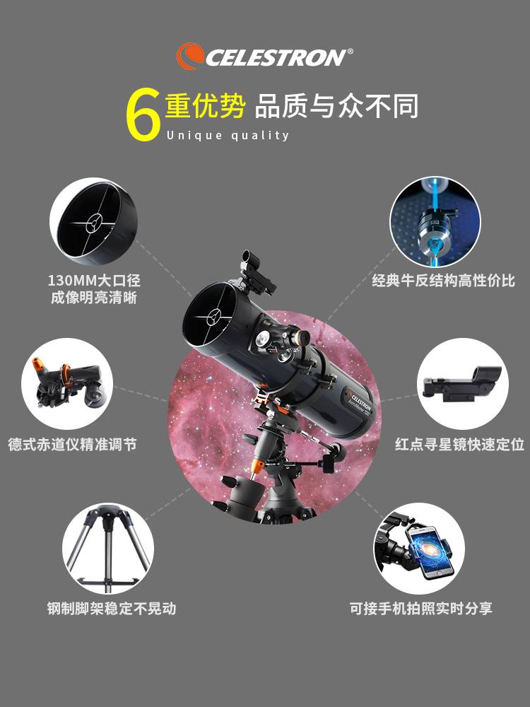Celestron 130EQ Astronomical Telescope, Professional Star-Viewing, CG-3 Equatorial Instrument, 1.25 inch, Adjustable Bracket. 