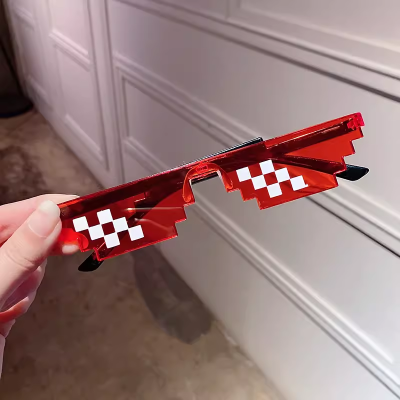 【Nice Day Toy Findings Store】（NEW）Thug Glasses Funny Mosaic Glasses Red Pixel Photography Performance for Men and Sunshade Sunglasses Coding anime. 