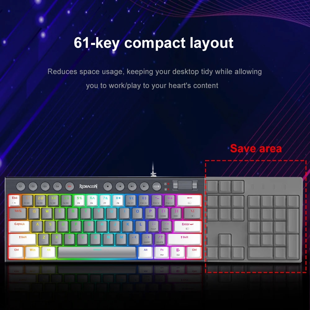 REDRAGON Soraka K647 RGB USB Mini Slim Ultra-Thin Designed Wired Mechanical Gaming Keyboard Red Switch 61 Keys for Compute PC. 