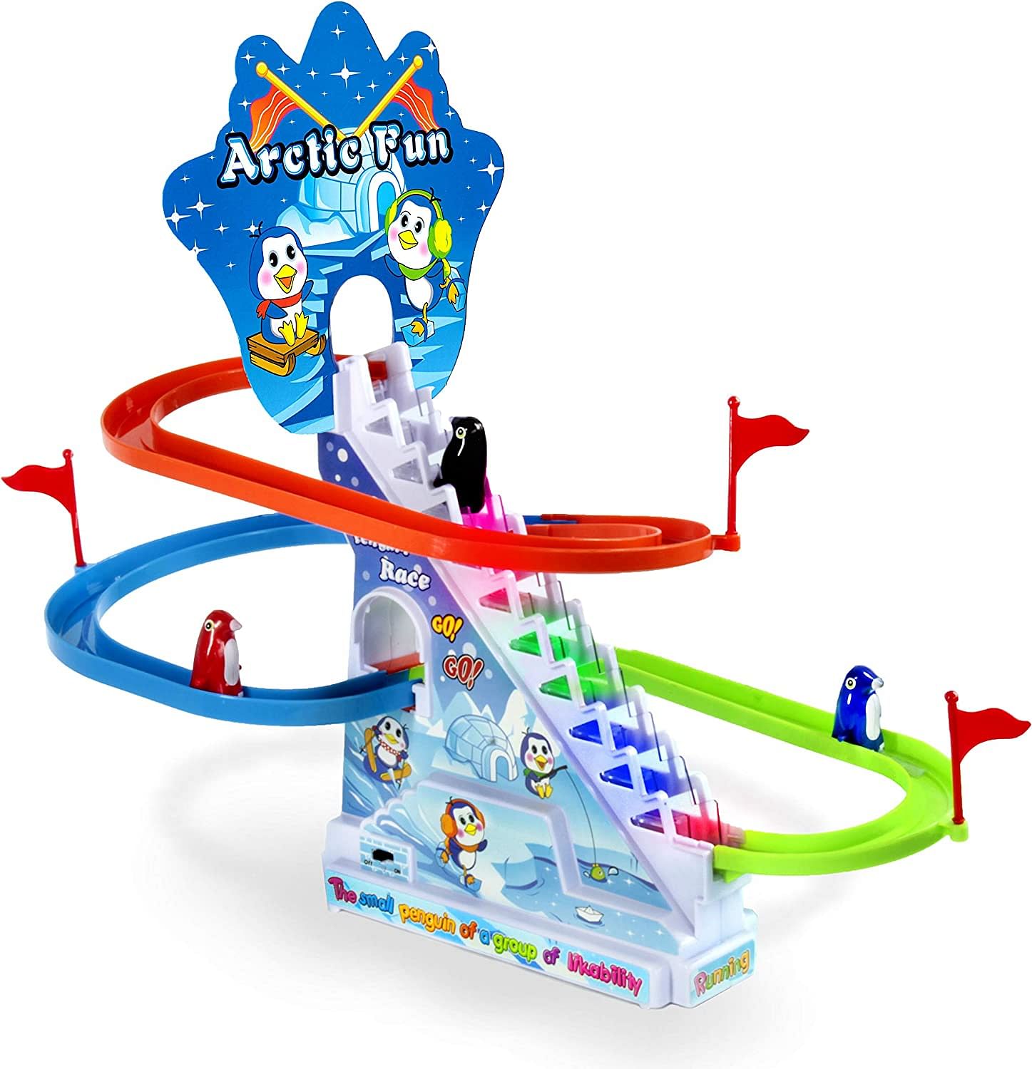 Arctic Fun Playful Penguin Race Set with Flashing Lights and Music On/Off Button for Quiet Play, Jolly Penguin Slide Playset. 