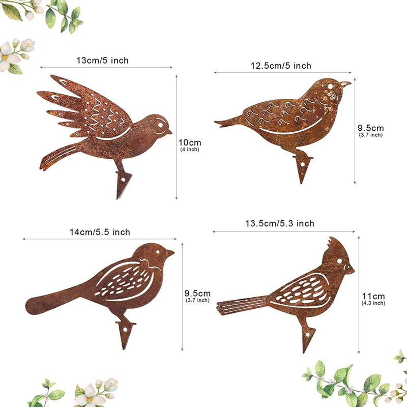 4 Piece Rusty Metal Bird Silhouettes Metal Yard Decoration Bird Steel Woodpecker Gardening Country Robin Art. 