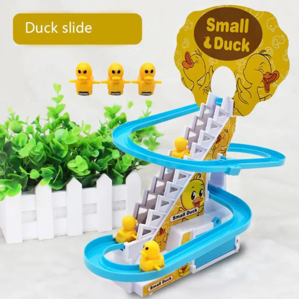 Duck Slide Toy Set, Funny Automatic Stair-Climbing Ducklings Cartoon Race Track Set with Lights and Music